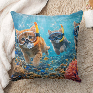 Deep sea diving kittens whimsical underwater snork throw pillow