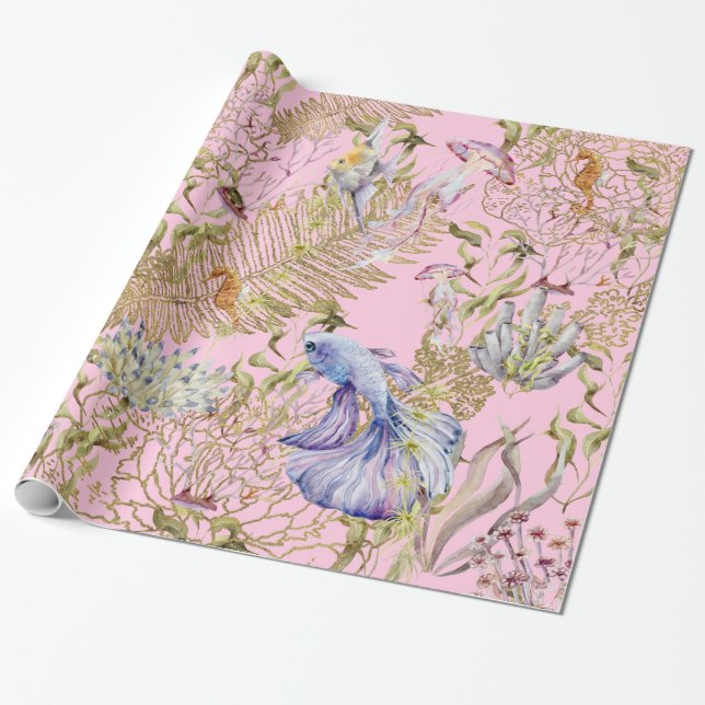 Deep Sea Gold Shimmer Underwater Coral Fish Wrapping Paper (Unrolled)