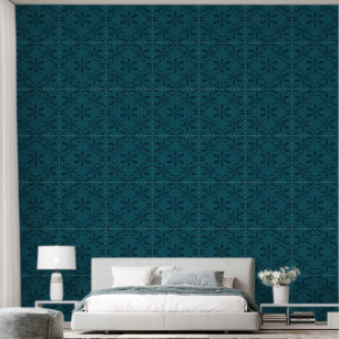 Deep Sea Green Blue Abstract Floral Line Art Wallpaper
