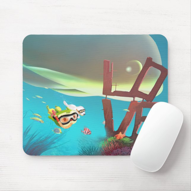 Deep Sea LOVE: Iron T & Smile Pup Snorkelling Mouse Pad (With Mouse)