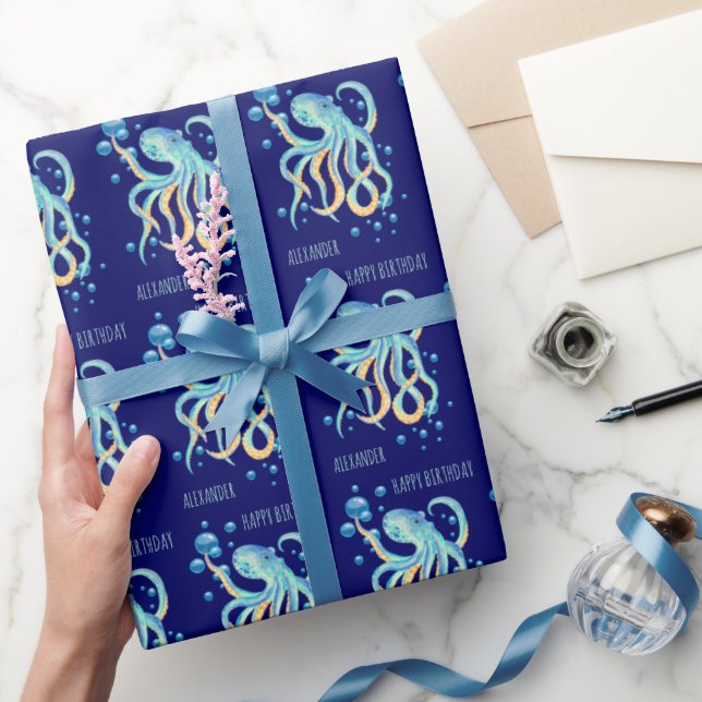 Deep Sea Octopus Blue Bubble Navy Birthday Wrapping Paper (Gifting)