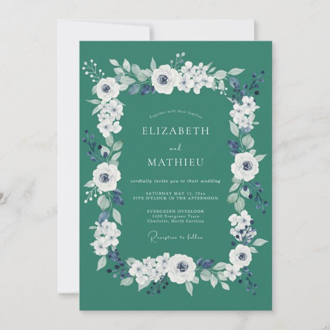 Deep Sea Ranunculus Eucalyptus Wedding Invitation (Front)