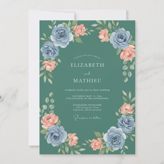 Deep Seafoam Peony Wedding Invitation (Front)