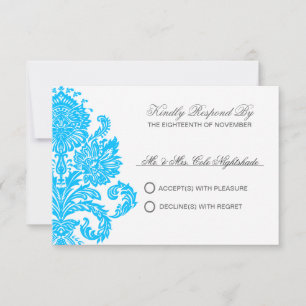Deep Sky Blue Elegant Damask Wedding Customizable RSVP Card