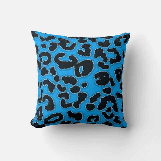 Deep Sky Blue Leopard Animal Print Throw Pillow (Front)