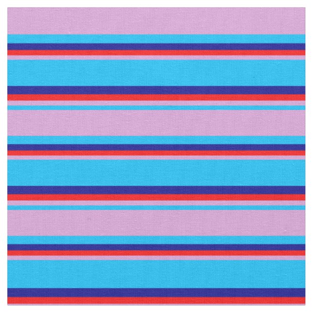 Deep Sky Blue, Plum, Red, and Dark Blue Stripes Fabric (Close Up)