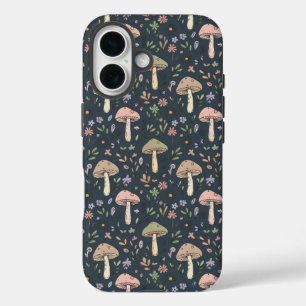 Deep Slate Blue Fungi Seamless Pattern Academic iPhone 16 Case