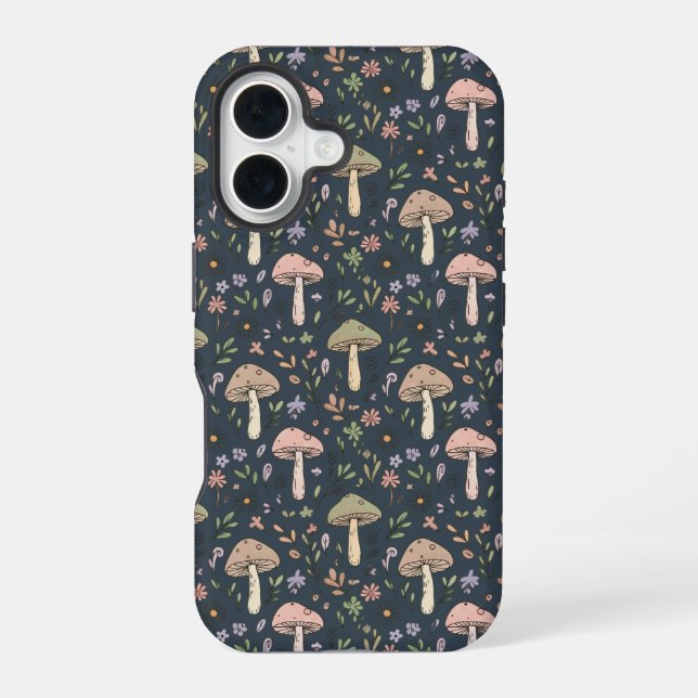 Deep Slate Blue Fungi Seamless Pattern Academic iPhone 16 Case (Back)