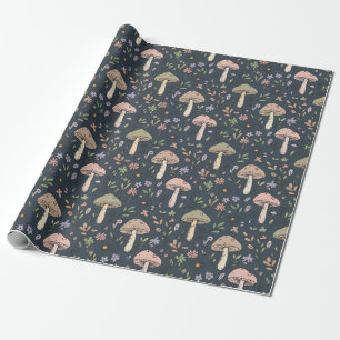Deep Slate Blue Moody Mushroom Seamless Pattern Wrapping Paper