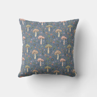 Deep Slate Fungi Seamless Pattern Moody Gothic Throw Pillow