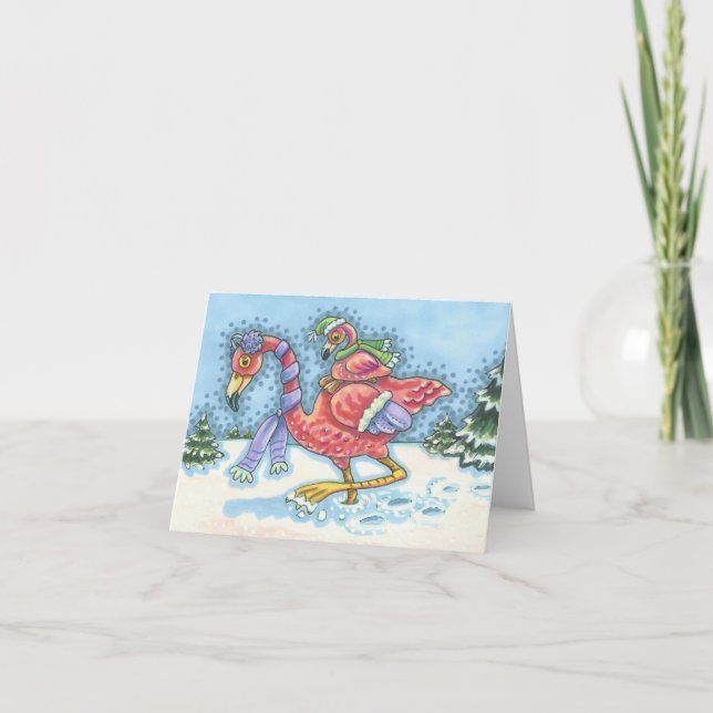 DEEP SNOW PINK FLAMINGOS HOLIDAY GREETING CARD (Front)