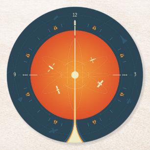 Deep Space Atomic Clock Poster, Orange Version. Round Paper Coaster