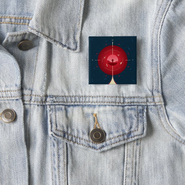 Deep Space Atomic Clock Poster, Red Version. 2 Inch Square Button (In Situ)