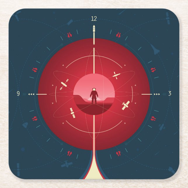 Deep Space Atomic Clock Poster, Red Version. Square Paper Coaster (Front)