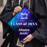 Deep Space Galaxy Name and Class Year Typography Graduation Cap Topper<br><div class="desc">This graduation cap topper design features a fun deep space background, modern typography, and calligraphy script. The topper has your graduate's name, class of (year), and the phrase "adventure awaits". All of the these can be changed using the "personalize it" tool. You can also remove the background and replace it...</div>