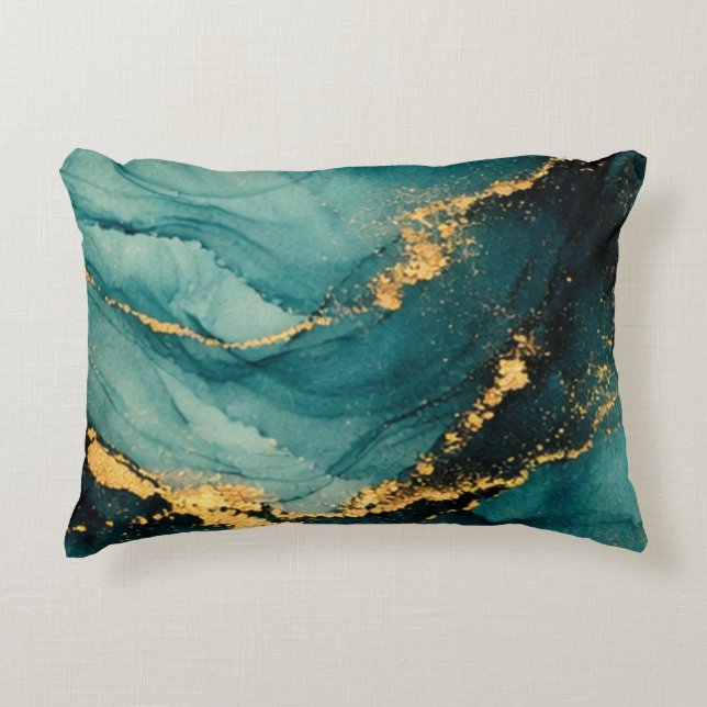Deep Teal and Gold Fluid Motion Accent Pillow (Front)