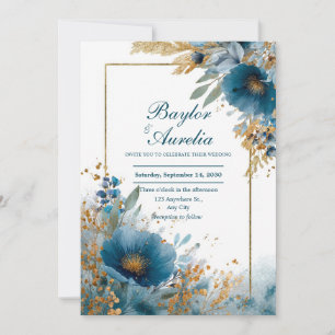 Deep Teal Blue Gold Foil Glitter Watercolor Invitation