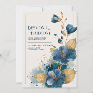 Deep Teal Blue Gold Foil Hibiscus Watercolor Invitation
