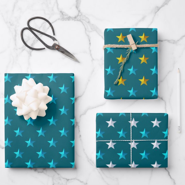Deep Teal Blue Silver Gold Stars Wrapping Paper Sheet (Front)