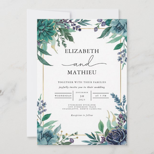 Deep Teal Botanical Frame Wedding Invitation (Front)