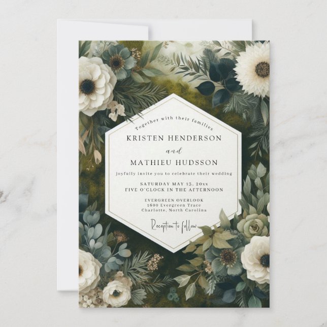Deep Teal Botanical Woodland Wedding Invitation (Front)