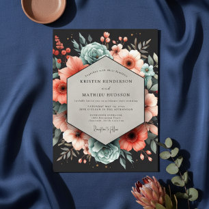 Deep Teal Floral Elegance Wedding Invitation