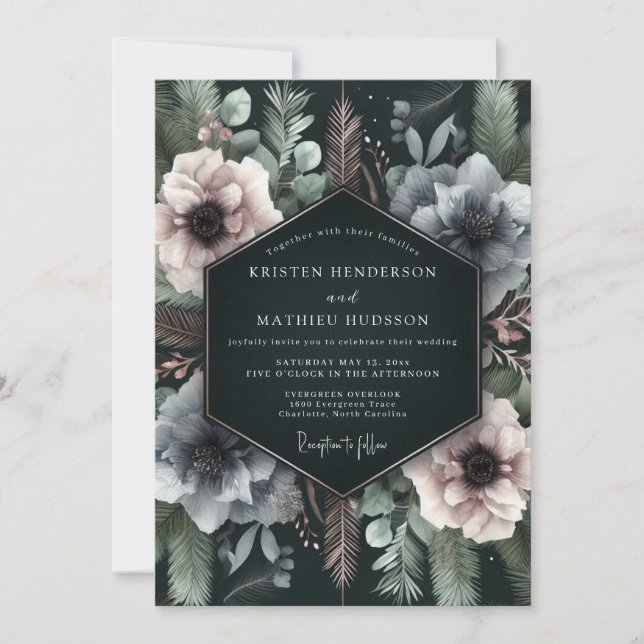 Deep Teal Floral Moody Wedding Invitation (Front)