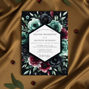 Deep Teal Floral Romance Wedding Invitation