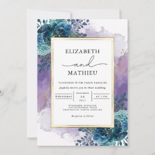 Deep Teal Floral Watercolor Wedding Invitation