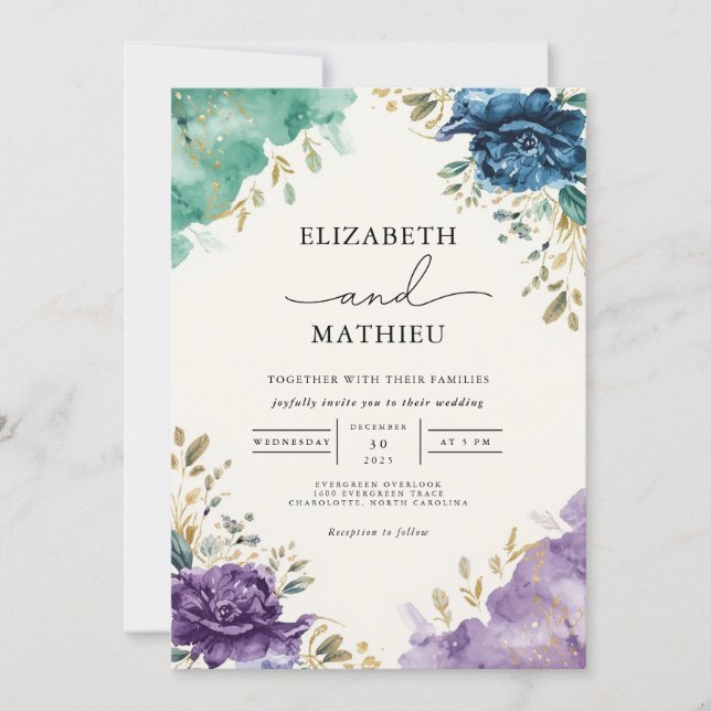 Deep Teal Floral Wedding Invitation (Front)