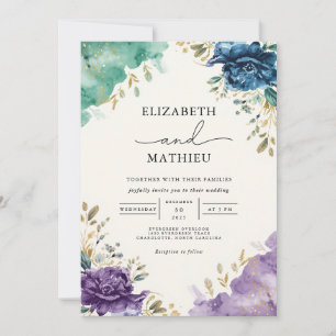 Deep Teal Floral Wedding Invitation