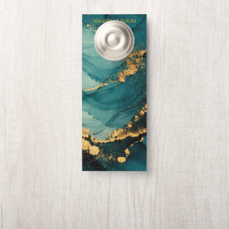 Deep Teal & Gold Fluid Motion Alcolhol Ink Design Door Hanger