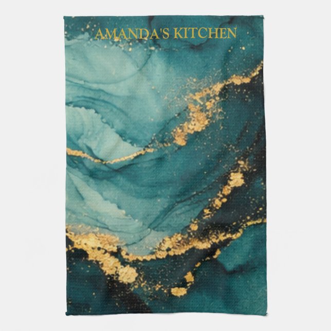 Deep Teal & Gold Fluid Motion Alcolhol Ink Design Kitchen Towel (Vertical)