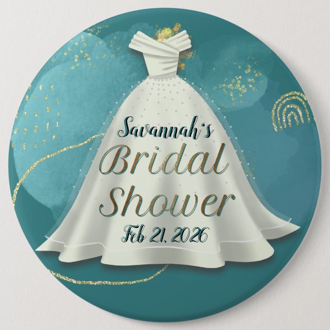 Deep Teal Gold Glitter Wedding Gown Bridal Shower 6 Inch Round Button (Front)