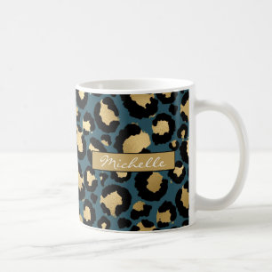 Deep Teal & Gold Leopard Personalized Coffee Mug