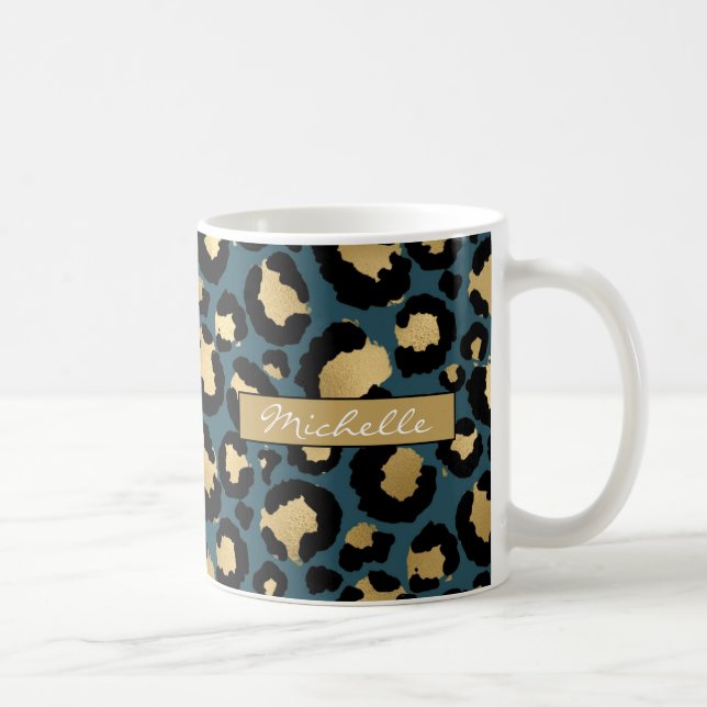 Deep Teal & Gold Leopard Personalized Coffee Mug (Right)