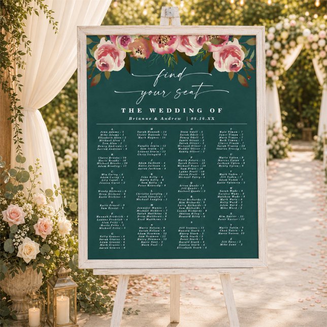 Deep Teal Green Alphabetical Wedding Seating Chart (Moody dark teal alphabetical wedding seating chart)