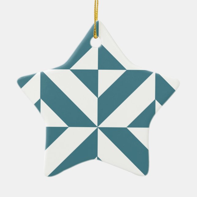 Deep Teal Green Geometric Deco Cube Pattern Ceramic Ornament (Front)
