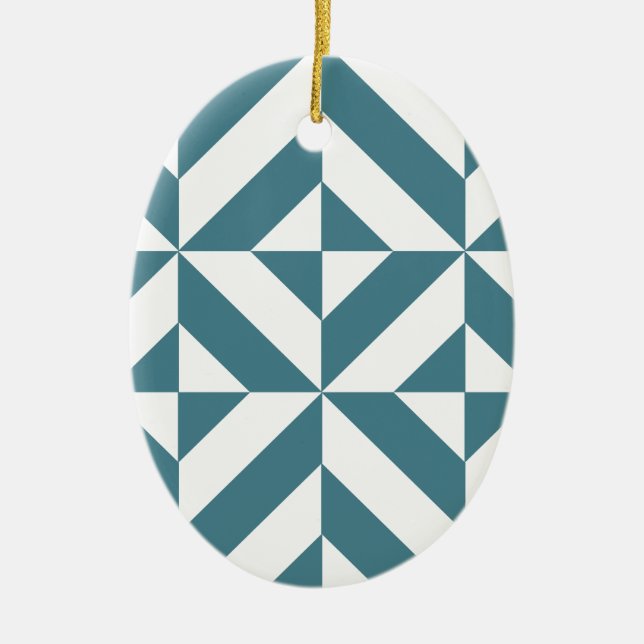 Deep Teal Green Geometric Deco Cube Pattern Ceramic Ornament (Front)