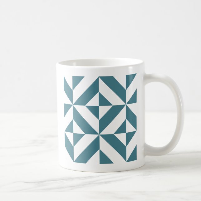 Deep Teal Green Geometric Deco Cube Pattern Coffee Mug (Right)