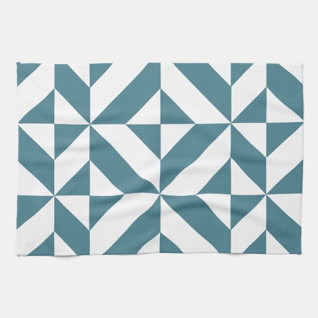 Deep Teal Green Geometric Deco Cube Pattern Kitchen Towel (Horizontal)