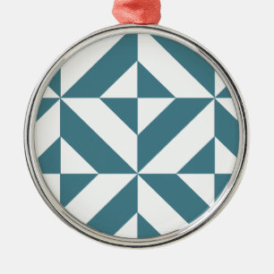 Deep Teal Green Geometric Deco Cube Pattern Metal Ornament