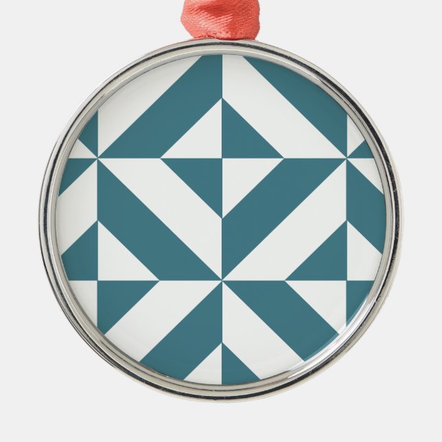 Deep Teal Green Geometric Deco Cube Pattern Metal Ornament (Front)