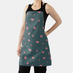 Deep Teal Japanese Winter Peony Floral Pattern Apron