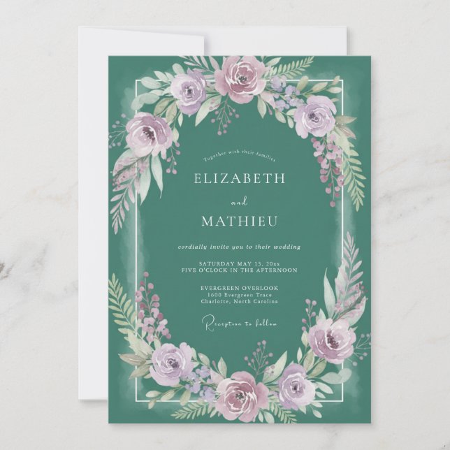 Deep Teal Lilac Bloom Wedding Invitation (Front)