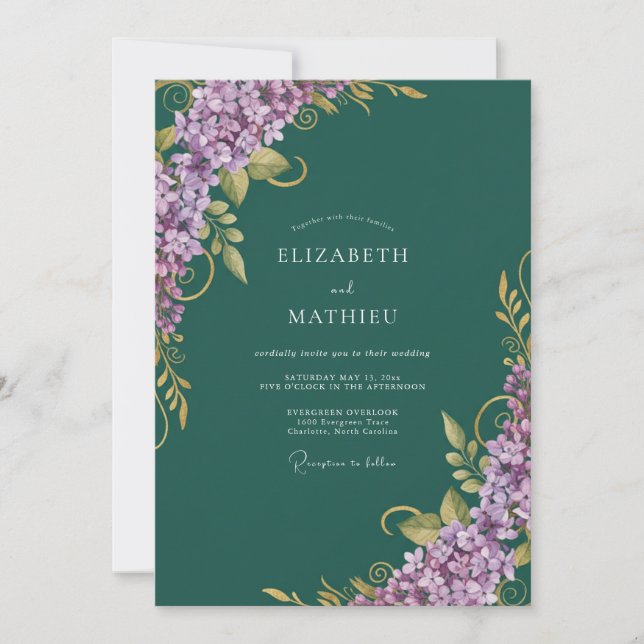 Deep Teal Lilac Eucalyptus Wedding Invitation (Front)