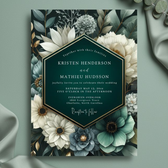 Deep Teal Lush Bloom Wedding Invitation (Creator Uploaded)