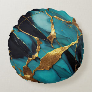 Deep Teal Marble with Bold Gold Veins Round Pillow