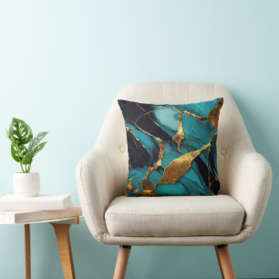 Deep Teal Marble with Bold Gold Veins Throw Pillow