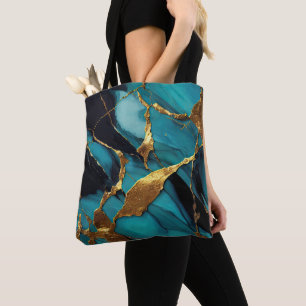 Deep Teal Marble with Bold Gold Veins Tote Bag